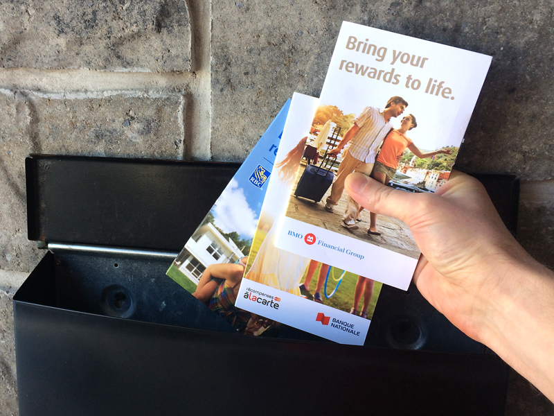 RBC, National Bank, BMO direct mail brochures and catalogues